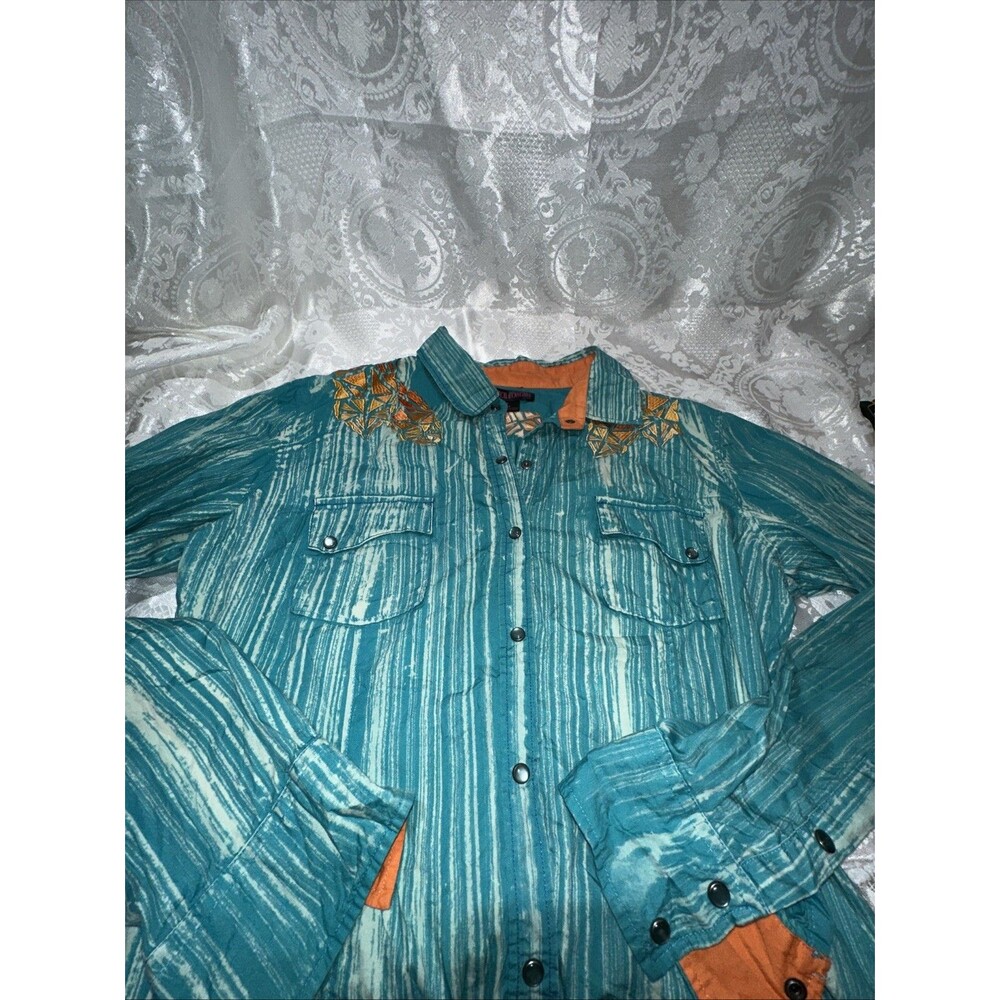 Rock & Roll Cowgirl Teal Orange Roll Tab Sleeve Pearl Snap Large  Embroidered